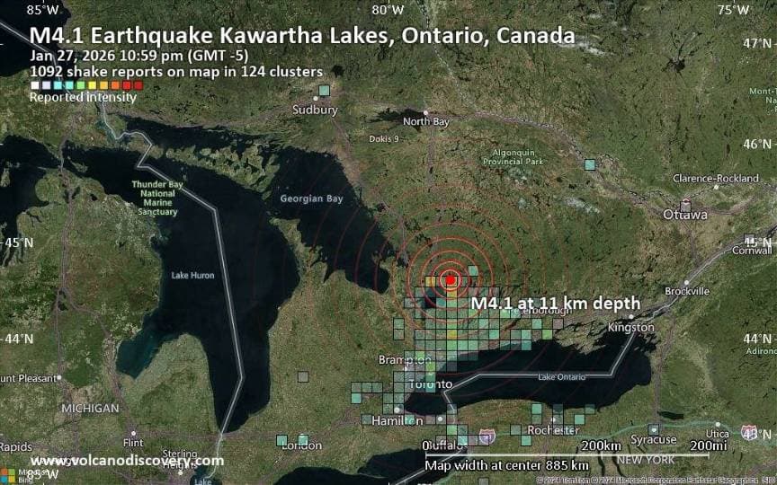 토론토 북쪽 약 100km 지점서 규모 3.7 지진 발생